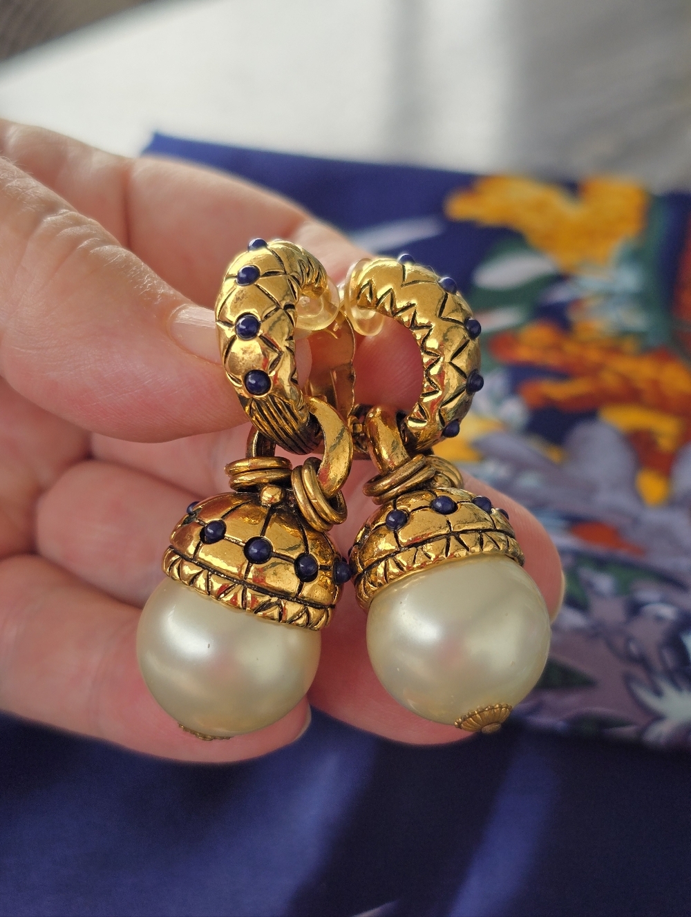 Loewe Vintage Gold-Tone Pearl Drop Clip On 2.25"Earrings with Blue Accents - Picture 2 of 8
